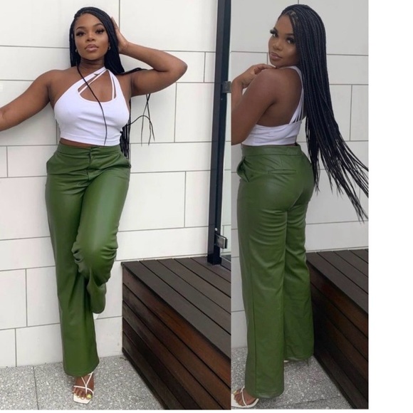 Zara Green high-rise faux leather pleather straight bootcut pants vegan XS - Picture 5 of 16